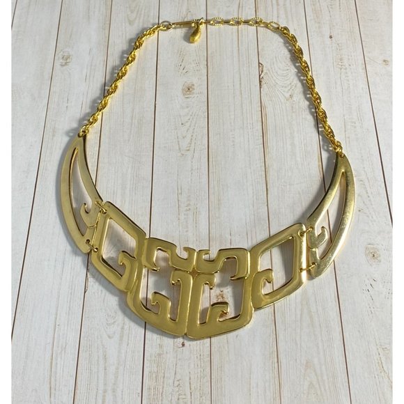 Vintage Tortolani Necklace Abstract Shiny Gold Tone Bib Designer 15.5 inches - Picture 4 of 8